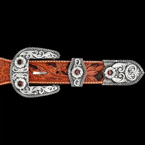 The Calgary Custom Three Piece Buckle Set is the picture of traditional Western style.  Features immaculate silver scrollwork with a unique berry edge and customizable stones. Pair it with a discount belt and keychain!
